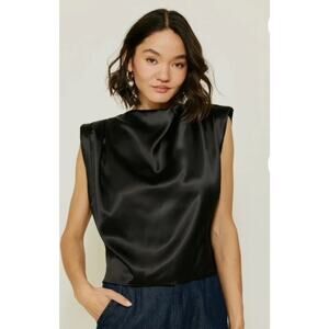 Line & Dot Black Satin Draped Top M Quiet Luxury Minimalist Padded Shoulder Glam